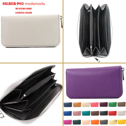 modamoda de SILBER-P02 Damen Leder Geldbörse Portemonnaie lang Handmade in Italy