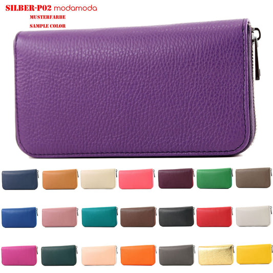 modamoda de SILBER-P02 Damen Leder Geldbörse Portemonnaie lang Handmade in Italy