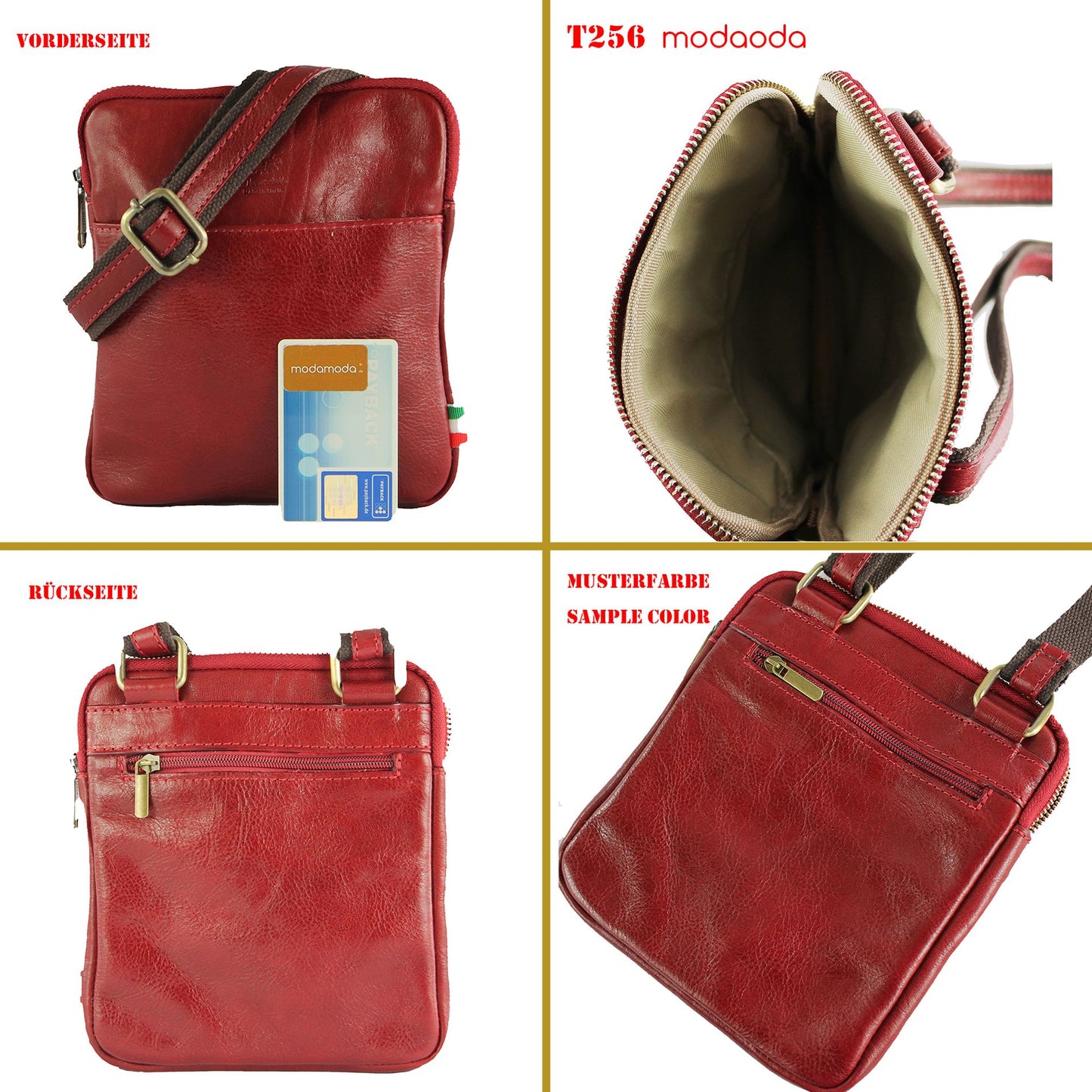 modamoda de - T256 - ital. Umhängetasche Messengertasche Klein aus Leder