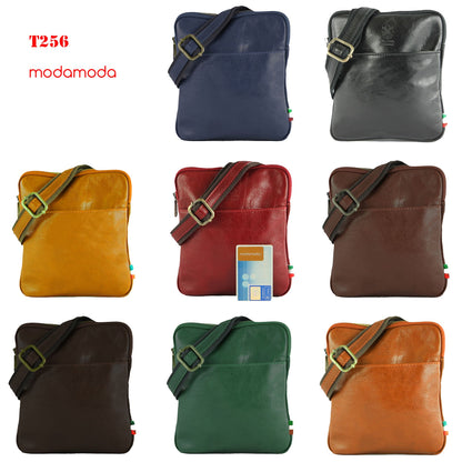 modamoda de - T256 - ital. Umhängetasche Messengertasche Klein aus Leder